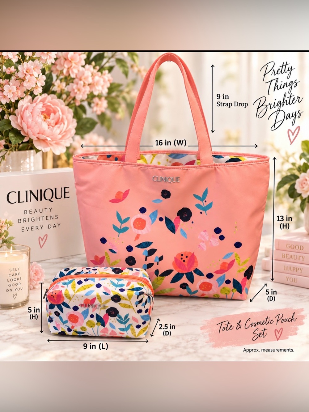 Clinique Coral Pink Floral Tote with Matching Cosmetic Pouch